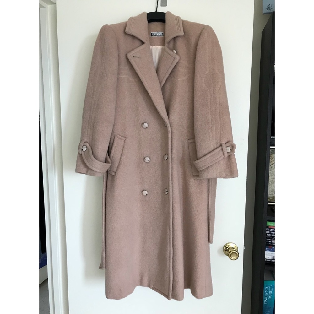 Vintage dusty pink peach long wool belted pea coat
